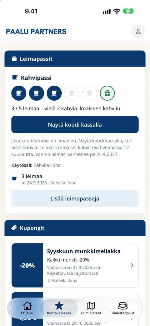 Kanta-asiakasnäkymä: kahvipassi ja kupongit